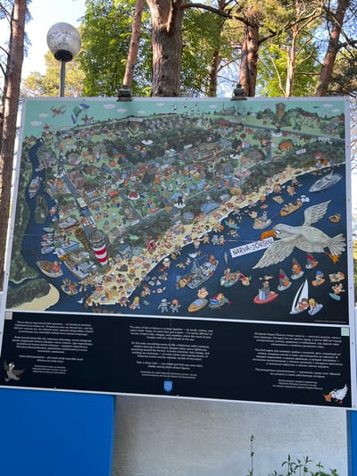 This media file showcases a large, colorful illustration depicting the Estonian resort town of Narva-Jõesuu. The illustration is presented as a map-like panorama, filled with numerous cartoon-style figures engaged in various activities. The scene is set along a coastline, with a body of water to the right and a town with buildings and natural elements to the left.
The subjects include a multitude of stylized people of all ages, enjoying a day by the sea and in the town. They are seen sunbathing on the beach, swimming, sailing in boats and on surfboards, walking, and interacting in groups. Objects scattered throughout the illustration include houses, boats, a prominent lighthouse with red and white stripes, trees, and wind turbines. The overall scene conveys a lively and festive atmosphere.
The activity taking place is a depiction of everyday life and leisure in a seaside resort during what appears to be a sunny day. The emotion evoked is one of joy, relaxation, and community. The lush green trees and clear water suggest pleasant weather. The presence of a lighthouse and coastal scenery clearly identifies the location as a seaside town.
Visible text includes place names labeled on the map, such as "NARVA", "OLGINA", "LAAGNA", "PEETERRISTI", "VAIVARA", "SINIMÄE", "UDRIA", "PIMESTIKU", and "NARVA-JÕESUU" prominently displayed. There is also text in Estonian, Russian, and English providing a description of the map, its creator, and the commissioned by the Narva-Jõesuu City Government. The artist's name, Natascha Schwarz, and website www.cartoon-city.de are also legible.