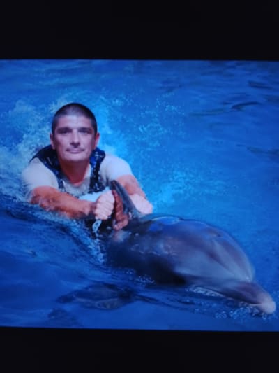 In a bright blue body of water, a man with short dark hair and a light-colored t-shirt with a dark vest over it is interacting with a dolphin. The man is in the water, with his arms extended, and appears to be holding onto the dolphin's fins. The dolphin is swimming alongside him, with its head out of the water. The scene appears to be a recreational activity in a controlled environment, possibly a marine park or aquarium, and it is not possible to determine a specific location within the city of Sutki, Russia.