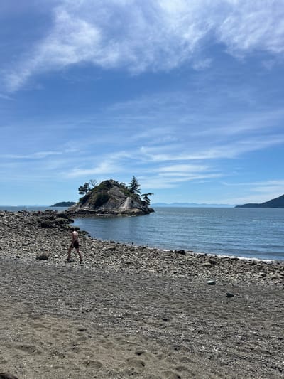 The image depicts a rocky beach with a person walking on the shore. In the background, a small, rocky island with trees stands in the ocean. The sky is blue with scattered white clouds. The scene is likely located at Whytecliff Park in West Vancouver, Canada, a popular spot known for its rocky beaches and the offshore Whytecliff Islet.