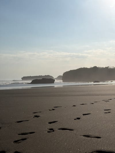 The image depicts a coastal landscape in Selemadeg Timur, Indonesia, under a bright sky. The upper two-thirds of the frame are dominated by a clear, light blue sky with faint, scattered white clouds, particularly near the horizon and in the upper right quadrant where the sun's glare is visible. The midground features a dark ocean with breaking waves, notably around several large, dark rock formations or small islands situated offshore. To the right, a darker, tree-covered landmass or cliff line extends, partially obscured by a subtle atmospheric haze. The foreground consists of a wide expanse of dark, possibly volcanic, sand. Numerous human footprints are clearly impressed into the sand, extending from the bottom left towards the right, indicating recent passage. The sand exhibits a distinct sparkling or glittering effect where it catches the sunlight, suggesting the presence of reflective mineral particles. No individuals are visible in the scene.