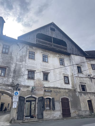 This is an exterior shot of the historic Homan House, located at Mestni trg 46 in Škofja Loka, Slovenia. The building is characterized by its tall, narrow facade, multiple windows, and a distinctive dark wooden balcony structure extending from the side. The architectural style is indicative of traditional construction in the region.
At the street level, an arched passage is visible. A business or entrance is located on the ground floor, with open doors, and several signs (likely retail). There are street signs indicating parking and delivery zones, as well as a signpost labeled "Mini Hotel".
The building appears aged, with visible signs of weathering and wear. Above, the sky is cloudy and overcast. The image is oriented at an oblique angle, looking up at the building.