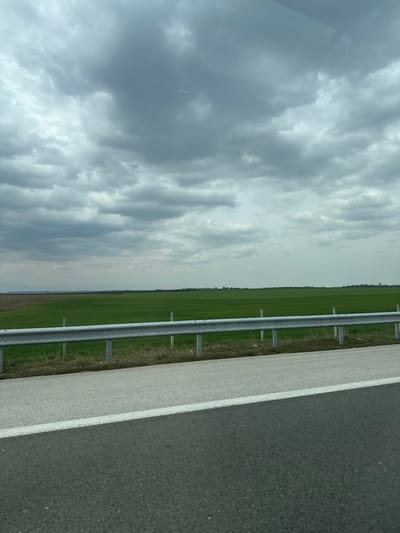 The scene depicts a flat agricultural landscape in Plodovitovo, Bulgaria, under an overcast sky. The upper half of the image is dominated by dense, grey stratocumulus clouds, indicating heavy cloud cover. The horizon line is visible in the distance, showing vast, flat fields. The midground features an expansive, uniformly green field, likely containing young crops, extending horizontally across the frame. A faint line of darker vegetation or trees marks the far edge of this field.
In the foreground, a multi-component road structure is visible. A silver-colored metal guardrail, consisting of horizontal beams supported by light-colored vertical posts, traverses the image from left to right, separating the field from the road. Below the guardrail, a light grey paved shoulder is present, delineated by a solid white line. The immediate foreground shows a section of dark asphalt road pavement, viewed from an elevated perspective, consistent with observation from a moving vehicle. No people, animals, vehicles other than the presumed vantage point, or discernible specific actions or interactions are observed within the frame. The environment is rural and agricultural, characterized by open fields and a road infrastructure.