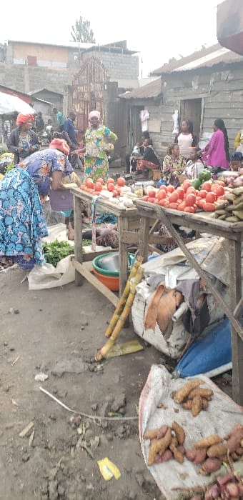 The image portrays a bustling outdoor market scene in Buzove, Democratic Republic of the Congo. The ground is unpaved dirt, showing signs of heavy foot traffic and scattered debris. In the background, various structures are visible: a partially constructed two-story concrete block building, several single-story buildings with corrugated metal roofs and walls, and a large, dark metal gate positioned centrally. The sky above is bright and overcast.

The foreground features several makeshift market stalls constructed from raw wood, displaying fresh produce. A prominent wooden table on the right holds numerous piles of red tomatoes and other vegetables like green bell peppers. Another wooden table to the left also displays tomatoes and lighter-colored items. On the ground, directly in front and to the right, a white bag is spread open, containing a large quantity of reddish-brown sweet potatoes or yams. Two light-colored sugarcane stalks lean against the support of a market table. A green plastic basin is nested inside an orange one, resting on the ground beneath a stall. A white fabric bag containing green leafy vegetables is visible on the ground to the left.

Approximately fifteen to twenty individuals are present, predominantly women, engaged in market activities. Many are dressed in vibrant, patterned fabrics. On the left, a woman in a blue and white patterned dress is bending over, examining goods. In the midground, a woman in a green and yellow patterned outfit with a pink headwrap stands with her hands on her hips, observing the scene. Other women are seated or standing behind the market stalls, either tending to their goods or interacting as customers. A woman in a bright pink top is seated on the far right. One male individual in a light blue shirt is visible among the background crowd. The scene depicts a routine commercial exchange within an informal urban market setting.
