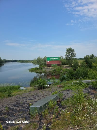 The image shows a wide, calm river with lily pads floating on its surface. The riverbank is lined with lush green vegetation, including reeds and bushes. Two shipping containers, one red and one green with "EVERGREEN" written on it, are stacked on the bank, surrounded by trees. Further along the bank, several boats are seen, some partially submerged in the water, while others rest on the rocky ground. A dense cluster of white wildflowers grows in the foreground, and the sky above is a clear, bright blue with a few scattered clouds. The overall scene depicts a rural, waterside location, likely in a less developed area given the presence of the shipping containers and the overgrown nature of the surroundings. The watermark "Galaxy S25 Ultra" is visible in the lower left corner of the image.