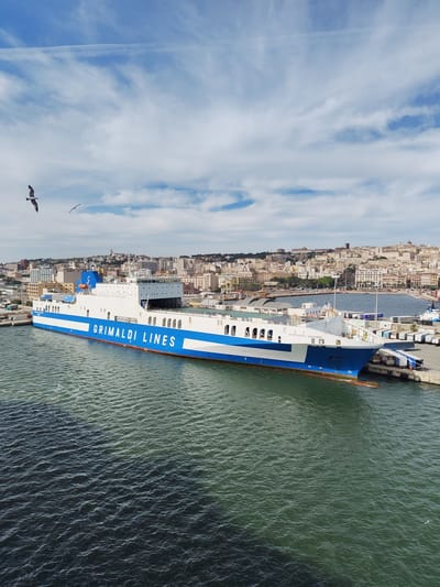 A large Grimaldi Lines cargo ship, named "Eurocargo Ravenna," is docked in the port of Cagliari, Italy. The ship is predominantly white with a blue stripe and blue accents. The cityscape of Cagliari forms the backdrop, with buildings stretching across the horizon. The sky is blue with scattered white clouds and contrails. In the foreground, dark water is visible, with two birds (possibly seagulls) flying in the upper left quadrant. The ship is docked at a pier with shipping containers and vehicles visible nearby.
