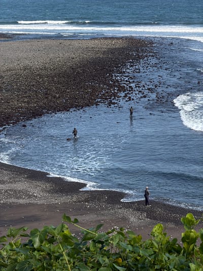 A high-angle, wide shot captures a rocky coastline with three fishermen wading in the shallow ocean water. The ocean is a deep blue with white waves breaking near the shore. The beach is composed of dark gray and black pebbles. In the foreground, lush green foliage obscures the bottom portion of the frame. The scene is located in Selemadeg Barat, Indonesia.