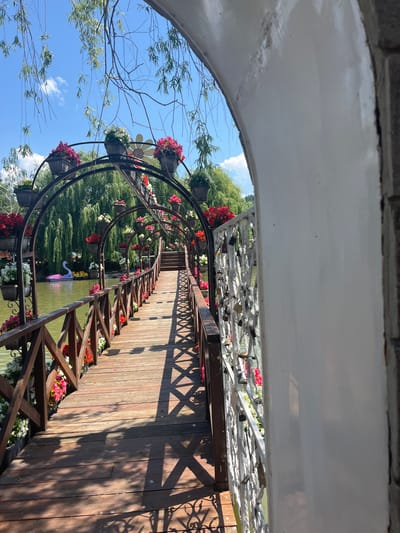 The image depicts a charming, flower-laden wooden bridge arching over a tranquil body of water. The bridge is adorned with numerous potted flowers in vibrant hues of red and white, cascading down its sides and forming an almost tunnel-like effect overhead. A decorative metal railing, also featuring some locks, lines the right side of the bridge. In the water, a pink inflatable flamingo and a yellow pedal boat are visible. Lush green trees, including weeping willows, frame the scene, with a bright blue sky and scattered clouds above. The overall impression is one of a picturesque and serene park-like setting, potentially a tourist attraction or a well-maintained garden. The location is identified as being in the city of Gorna Malina, Bulgaria.