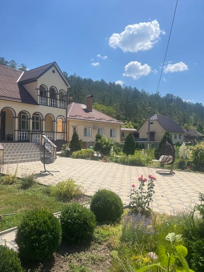 This is a landscape photograph taken outdoors in a residential setting in Bolshoy Molokish, Moldova. The scene features a paved patio area with a decorative pattern and several houses visible in the background. A hanging rattan chair with a white cushion is set up on the patio, suggesting a space for relaxation. Lush green foliage, including manicured bushes and flowering plants, borders the patio and surrounds the houses. The sky is a clear blue with a few fluffy white clouds. The sun is high, indicating it is daytime, likely midday, and the weather appears to be warm and pleasant. The overall impression is one of a well-maintained, tranquil residential property with a focus on outdoor living. There is no visible text in the image.