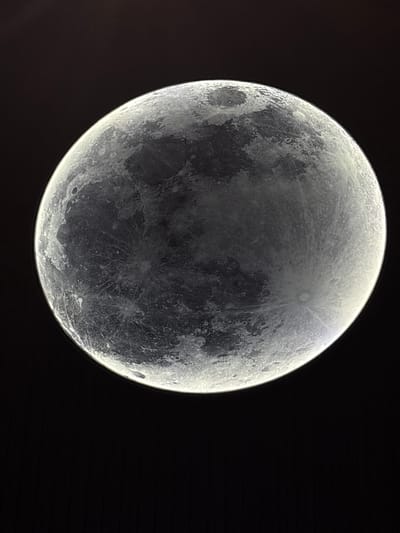 A close-up, full-frame, vertical shot displays the moon against a black background. The moon is brightly lit from the right, with its surface textured by craters and maria. The right side of the moon is illuminated with a strong white glow, while the left side is in shadow, revealing the distinct features of the lunar landscape. The image does not depict any specific location in Orlando, United States of America, nor does it contain any people, actions, or interactions.
