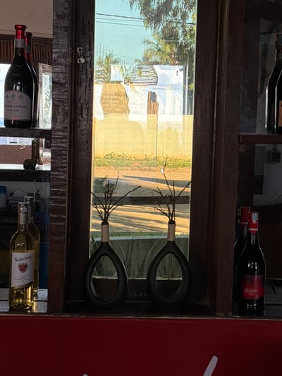 The image shows a view through a window or a glass-fronted cabinet, likely in a building. The reflection reveals an outdoor scene with palm trees and possibly a building in the background. Inside, there are wine bottles on shelves and decorative items resembling vases with twigs protruding from the top. The red object on the side is most likely a wall. Given the details provided in the prompt, it is possible this image was taken in Pemba, Mozambique.