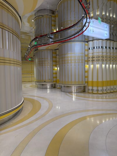 The image shows a top-down view of a modern interior, possibly a transportation hub or a large public building in Xuanwu District, China. The scene is dominated by large, cylindrical structures that run horizontally across the frame. These cylinders are white with yellow and silver detailing, creating a repeating pattern. Some of them appear to be part of a track or conveyor system, with a red and black cable track running above them.
Prominently featured is a brightly lit, rectangular object with glowing blue panels displaying white symbols. These symbols appear to be arrows indicating direction and perhaps information about different zones or functions. Two distinct areas, labeled with symbols that resemble simplified representations of people or figures, are visible on the illuminated panels. These panels are mounted on a curved track system.
The floor is decorated with large, flowing, curved patterns of yellow and white, suggesting a deliberate and artistic design. The lighting is bright and diffused, creating reflections on the smooth surfaces of the floor and the cylindrical objects. There are no people visible in the frame, but the presence of signage and the scale of the architecture suggest a public space designed for movement and interaction. The overall impression is one of advanced infrastructure and contemporary design, with a clean and futuristic aesthetic. The environment appears to be indoors and well-maintained, with no indication of specific weather conditions or time of day beyond the artificial lighting.