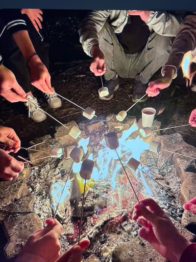 The image captures an intimate, overhead view of a group of people roasting marshmallows over a crackling campfire. Multiple hands are visible, each holding a metal skewer with a marshmallow at the end, poised over the glowing embers and dancing flames. The marshmallows vary in their stage of roasting, from pale and untouched to golden brown and slightly charred.
The scene is set in an outdoor environment, suggested by the rough, rocky ground and scattered ashes surrounding the fire. The lighting is dim, indicating it is likely nighttime or late evening, with the campfire being the primary light source, casting a warm, orange glow. The people are dressed in casual, outdoor clothing, including a jacket with visible zippers and ribbed cuffs, and pants with cargo pockets, hinting at a casual camping or gathering atmosphere.
The focus is on the shared activity and the warmth emanating from the fire, creating a sense of camaraderie and simple pleasure. There is an implied feeling of relaxation and enjoyment as the individuals focus on perfectly toasting their marshmallows. No visible text is present in the image. The location context suggests this scene could be taking place in or around Pastavy, Belarus, during a cool evening outdoors.