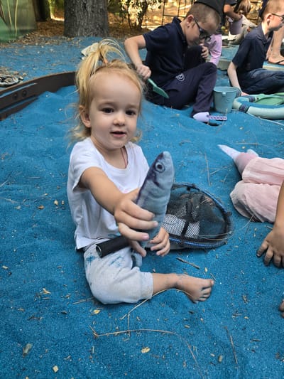 A young child with blonde hair pulled back in a ponytail is lying on a blue, textured surface, possibly a playground or recreational area. She is holding a stuffed, blue fish with her right hand, presenting it towards the viewer. A black fishing net lies next to her. The child is wearing a white t-shirt and light grey pants.

In the background, partially visible, are two other children sitting or lying on the same blue surface. The environment suggests an outdoor setting with trees and scattered debris such as small sticks and leaves on the ground. The location is Pasadena, United States of America.