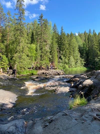 This image depicts a scenic view of the Ruskeala Mountain Park in Karelia, Russia, characterized by a natural landscape of coniferous forests, a river with rocky banks, and clear blue skies. In the foreground, the turbulent, shallow river flows over dark, uneven rocks, with patches of lighter, sandy-colored water indicating a small rapid. The riverbanks are lined with large, grey, textured boulders.
Midground features a wooden walkway or bridge structure spanning the river, with several individuals visible on or near it. A person in a black t-shirt and dark pants stands on the rocks on the left bank, facing away from the camera and towards the river. Further along the left bank, a few other individuals are seen walking. On the right bank, more people are observed on the rocks and near the wooden structure.
The background is dominated by a dense, green coniferous forest that extends to the horizon under a bright blue sky with a few wispy white clouds. The overall impression is of a natural recreation area during daytime, with visitors enjoying the outdoor environment.