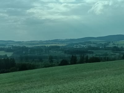The image depicts a landscape view from a higher elevation, looking out over rolling hills and a valley under a cloudy sky. In the foreground, a bright green, gently sloping field dominates the lower half of the image. Beyond this field, the landscape transitions into a darker, more densely forested area with visible tree lines and patches of lighter green, suggesting fields or clearings interspersed within the woodland. In the distance, the terrain continues to undulate, with the dark silhouettes of hills forming the horizon. The sky is overcast with diffused light, giving the scene a slightly muted and cool tone. While the image is titled as being in Šternov, Czechia, there are no specific identifiable landmarks or human subjects within the frame to confirm this precise location. The scene is devoid of any human activity or specific objects, presenting a natural and serene panoramic view.
