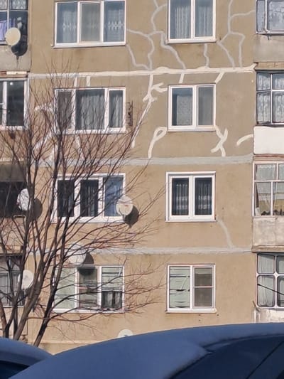 An exterior image captures a section of a multi-story residential building located in Bolshaya Elhovka, Russia, under clear daylight conditions. The building facade is a light beige or tan color, characterized by numerous white-framed windows, many of which are fitted with various curtains or blinds. Several small, circular satellite dishes are mounted directly onto the building's exterior. Prominent white, wavy lines, indicative of crack repairs or sealant application, are visible across the facade, alongside horizontal gray bands possibly marking structural joints. A leafless deciduous tree with a dense network of bare branches partially obscures the left side of the building. The lower foreground shows the dark blue roof and a portion of the windshield of a parked vehicle. No individuals or specific actions are discernible.