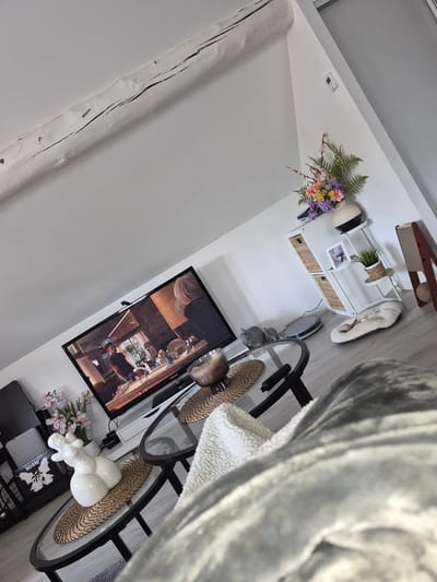 The image presents an elevated perspective of an interior living space. Visible components include a television displaying an image of individuals, a glass-topped table with decorative elements such as woven mats and white figurines, shelving units containing plants, baskets, and decorative objects. A cat tower is positioned in the background near a white pet bed. The overall color palette is predominantly neutral, with whites, grays, and browns creating a muted ambiance. Without additional information, determining the exact location within Villerupt, France, is not possible. No human actions or interactions are depicted.