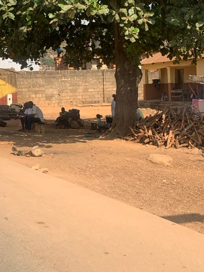 The scene depicts an outdoor roadside area in Egbedi, Nigeria, under bright daylight. The foreground features a light brown paved surface, likely a road or shoulder, transitioning to a dry, reddish-brown dirt and gravel ground in the mid-ground. A large deciduous tree with green foliage stands prominently in the center-right, casting significant shade over the immediate area beneath it.
Under the tree's shade, a small gathering of individuals is present. To the left, two men in light-colored shirts and dark trousers are seated on a wooden bench, facing left and appearing to observe something in front of them or interact with small objects. A third person is partially visible behind them. Further right, a lone individual sits on a low object amidst stacked dark, possibly rubber or wooden, items. Near the base of the tree on the right, a smaller person is seated on a low stool beside a small stand displaying white containers or bowls. Another individual in a white garment stands partially obscured by the tree trunk on the right.
In the background, a grey concrete block wall runs horizontally behind the seated individuals on the left. To the far left, a stack of vehicle tires is visible next to a yellow and red structure. To the right of the tree, a substantial pile of cut firewood or logs rests on the ground. Behind this area, a single-story building with a brown corrugated roof and light-colored walls is visible, displaying a red and white "POS" (Point of Sale) sign on its facade. Additional structures with darker roofs are partially visible further in the distant background. Scattered rocks and minor debris are present on the dirt ground.
