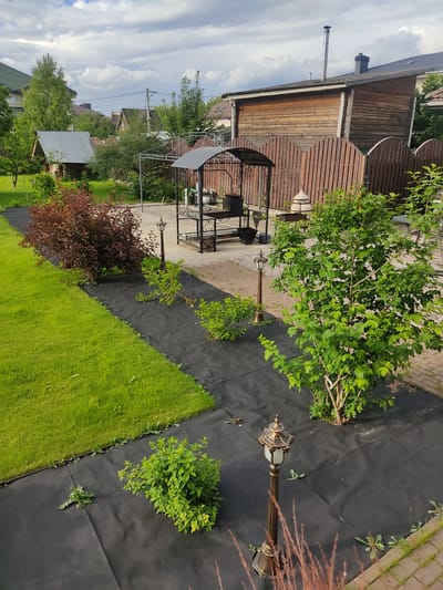 The image depicts a backyard scene in the village of Veshki, Russia. A well-maintained lawn is bordered by black landscape fabric, which lines a pathway and is planted with several shrubs. In the background, a wooden fence encloses a barbecue area with a metal gazebo covering a grill. Further back, a wooden house with a metal roof and a chimney stands, along with other houses and trees, suggesting a suburban or rural residential area. The sky is cloudy, indicating overcast weather. There are no people visible in the image.