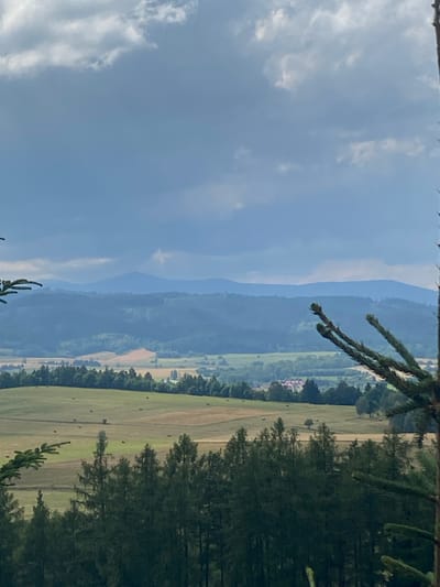 The image depicts a wide, scenic landscape with layers of hills receding into the distance. In the foreground, a dark green forest of coniferous trees dominates the bottom of the frame, with branches of a pine tree jutting in from the right side, partially obscuring the view. Beyond the forest, rolling fields of green and tan are visible, with scattered hay bales dotting the landscape. Further in the distance, more wooded hills are layered, their colors muted by atmospheric haze. The furthest hills appear as faint blue silhouettes against a cloudy, overcast sky. A small village with red-tiled roofs is nestled in the valley between the fields and the distant hills. The overall impression is of a rural, natural setting under a dramatic sky. The location is identified as Chełmsko Śląskie, Poland. There are no people or animals visible in the image, and no specific actions are taking place. The scene is static and natural.