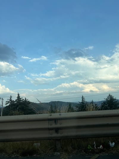 A serene sky filled with elongated, layered clouds dominates the view. A mountain range and tall evergreen trees rise in the distance, partially obscured by a highway guardrail. The roadside vegetation is sparse, showing signs of litter. Power lines stretch across the horizon, barely visible against the sky. The overall scene depicts a roadside landscape with natural elements.