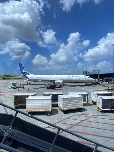 The image depicts an airport tarmac scene in Tocumen, Panama, on a clear day with scattered cumulus clouds in a blue sky. A white Copa Airlines aircraft, identified by its livery and tail logo, is centrally positioned on the asphalt pavement, facing right. A jet bridge is extended and connected to the aircraft's forward fuselage, suggesting boarding or deplaning operations.

In the foreground, a series of seven gray and white cargo containers (Unit Load Devices or ULDs) are staged on yellow-wheeled dollies, some appearing empty or partially loaded. These are arranged on the tarmac, which features red painted lines indicating operational areas. A dark metal railing or staircase structure occupies the lower left corner, indicating the viewpoint is from an elevated position, likely a terminal window or another jet bridge.

Various ground support equipment surrounds the aircraft. To the left of the aircraft's nose, a white baggage tug or small service vehicle is visible. Below the aircraft's left wing and engine, a white and gray ground service vehicle, possibly a fuel truck or maintenance vehicle, is positioned. Several individuals, likely ground crew, are present near the aircraft. Two individuals wearing high-visibility orange vests are observed near the mid-section of the aircraft. Orange traffic cones are placed on the tarmac near the aircraft. In the background, beyond the aircraft, green vegetation is visible under the horizon, along with tall metal light poles, part of the airport infrastructure.