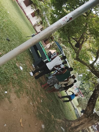 A group of men stands near a pool table beneath a tree, some observing a game. One man in a blue shirt stands apart, facing the others. A light pole stands prominently in the foreground, partially obscuring the scene. Debris litters the grass. A building is visible in the background. The orientation of the photo is diagonal.