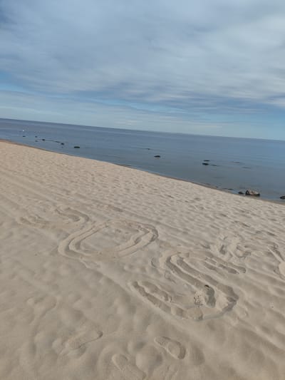 In Motornoe, Russia, this image captures a serene beach scene. The foreground is dominated by smooth, light-colored sand, marked with faint footprints and what appear to be impressions from walking or drawing in the sand. Two large, curved shapes are visible, resembling stylized numbers or symbols. The sand gently slopes down towards the calm, blue water of a sea or large lake. In the distance, the water stretches to the horizon, meeting a pale blue sky filled with wispy clouds. Scattered rocks are visible in the shallow water near the shore. The overall atmosphere is tranquil and natural.
