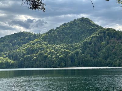 This is an outdoor, eye-level, wide shot of a serene lake with a heavily wooded mountain in the background. The water in the foreground is dark green with ripples and reflections of the sky. The mountain is covered in dense, dark green trees that extend all the way to the water's edge. The sky is cloudy with patches of sunlight breaking through, creating a dramatic contrast. The scene appears to be natural and undisturbed. This location is Kaiserklause, Kiefersfelden, Germany. There are no people or animals visible in the image.