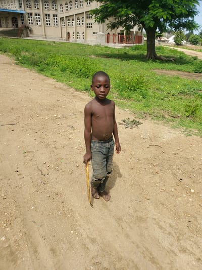 A young boy, shirtless and wearing tattered jeans, lies on a dirt path. He holds a long, flat, yellow object, possibly a ruler or a piece of wood, in his right hand. The boy's eyes are closed, and his expression appears relaxed. He is lying on his back, with his head slightly tilted to the left. The path is made of light brown dirt and small pebbles, with some dried leaves scattered on it.

To the left of the path, there is a vibrant green grassy area with a large, mature tree that has dark brown bark and lush green leaves. Behind the tree, a multi-story building with many windows can be seen. The building's facade is light colored, and some of its windows are white-framed squares, while others are arched. A red railing is visible near the building's entrance.

The scene appears to be outdoors, possibly in a rural or semi-urban setting in Kabwir, Nigeria. The sunlight suggests it is daytime, likely a clear day given the brightness and shadows. The overall atmosphere seems peaceful and ordinary, capturing a moment of rest for the child in his environment. No visible text is present in the image.