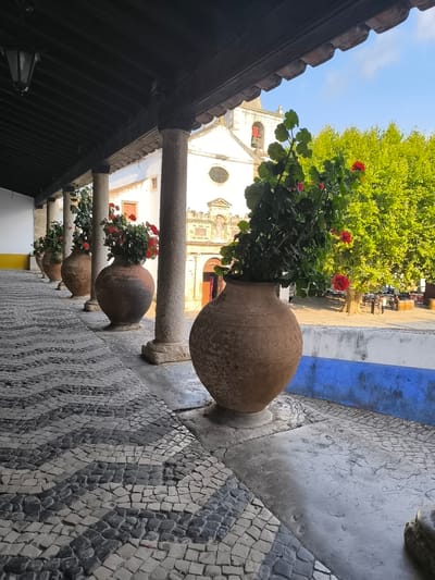 The image shows a row of large, terra-cotta pots containing blooming red flowers, situated along a covered walkway. The walkway has a dark wooden ceiling supported by stone columns. The ground is paved with a mosaic of black and white stones. In the background, a white church with a bell tower is visible, surrounded by lush green trees. The scene appears to be located in a sunny outdoor plaza, possibly a courtyard or square in the historic town of Óbidos, Portugal, given the architectural style and the characteristic white buildings and cobblestone streets often found there.