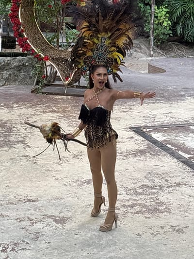 A woman in a detailed costume dances on a textured surface. She wears a large feathered headdress with embellishments, a leopard-print leotard with fringe detailing, and gold armbands. She is also adorned with a jeweled necklace and high-heeled shoes. The woman's mouth is open as if she is singing or shouting, and her left arm is raised. In her right hand, she holds a prop consisting of twigs and what appears to be a nest or seed pod.
The background shows lush green foliage and a rustic structure made of woven branches, decorated with red roses and string lights. The ground she stands on has a distressed, textured appearance, possibly concrete or a similar material. The lighting suggests it is daytime, but the specific time and weather are not discernible. The scene appears to be an outdoor performance or cultural event in a tropical or garden-like setting. The woman's pose and expression convey energy and theatricality. No text is visible in the image.