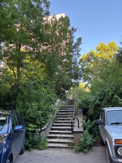 A concrete outdoor staircase, flanked by lush green foliage and trees, leads upwards towards a building partially obscured by the dense vegetation. Two cars are parked on the right and left sides of the frame, with a silver SUV on the right and a dark blue SUV on the left. The sky above is a clear, bright blue. This scene is located in Sarov, Russia, likely in a residential area given the presence of parked cars and apartment buildings.