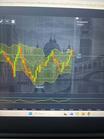 The media file displays a screenshot of a trading platform with a chart overlaid on an image of Venice, Italy. The chart shows candlesticks in green and orange, indicating price movements, with yellow and light blue lines representing technical indicators. The background image features gondolas and historic Venetian architecture, suggesting a romantic or scenic setting.
On the left side of the screen, a timestamp "19:36:53" is visible, along with the text "Час закриття" (Closing time). The chart itself has time markers along the bottom axis, ranging from "18:40" to "20:00". There is also a price marker "58.00162" visible.
In the top left corner, a URL is partially visible, containing campaign and source information.
The bottom right portion of the screenshot shows the Windows taskbar with icons for Google Chrome, File Explorer, Microsoft Teams, and other applications. A search bar is also present with the text "Q Пошук" (Search).
The overall impression is a digital interface, likely for financial trading, with a thematic background. The time indicated is evening. There are no people or discernible weather conditions depicted. The location context provided (Kalisz, Poland) does not seem to be represented in the visible content of the image itself.
