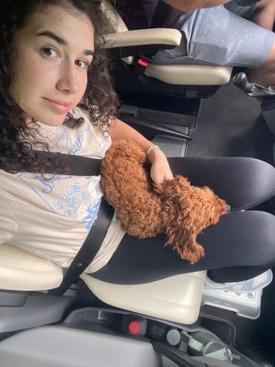This image captures the interior of a vehicle in Bunovo, Bulgaria, during daylight hours.

A young adult female is prominently featured in the foreground, looking directly at the camera with a slight smile. She has dark, curly hair, a light complexion, and brown eyes. She is wearing a light-colored (possibly beige or light pink) short-sleeved t-shirt adorned with blue graphic designs, including floral patterns and partially legible text that appears to read "SUPER" and "GOOD IS A LANGUAGE." A black seatbelt is correctly positioned across her chest and lap. Her left hand rests on a small, reddish-brown, curly-haired dog, consistent with a Poodle or similar breed, which is lying on her lap.

In the upper right portion of the image, the lower torso and legs of a second individual are visible, wearing grey shorts. This individual occupies an adjacent seat, which, like the female subject's seat, is upholstered in cream-colored leatherette. A red seatbelt release button is visible near this seat. A black manual gear shift lever with a black boot is located adjacent to this person's leg, suggesting the vehicle's transmission type.

The vehicle's interior features dark grey or black plastic trim on the floor and center console. A light grey step or footrest is positioned on the floor beneath the female subject's right foot, which is shod in a light blue and white sneaker. A light green tumbler with a straw is placed in a cup holder or storage compartment on the floor. Another red circular control or button is visible on the console near the floor.