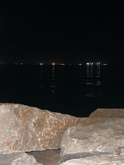 The image shows a nighttime view of the sea with lights from ships and possibly a distant shoreline visible on the horizon. In the foreground, large rocks are in sharp focus, textured and varied in color, with patches of white and rust-colored mineral deposits. The water is dark and still, reflecting the distant lights as vertical streaks. The sky is completely black, indicating nighttime. The scene is likely a coastal area, possibly a harbor or bay. The prompt specifies that the location is the city of Trieste, Italy.