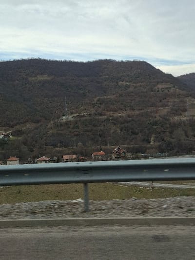 The image displays a landscape view near Jeleznitsa, Bulgaria, observed from a low angle, likely from a road. In the immediate foreground, a dark grey asphalt road surface occupies the bottom of the frame, exhibiting wet patches. A two-bar metallic grey guardrail with vertical support posts extends horizontally across the lower third of the image. Behind the guardrail, a strip of ground features sparse, light green grass mixed with brown earth and scattered white debris.

The midground reveals several single and multi-story houses situated at the base of a large hill. These residences predominantly feature terracotta-colored roofs and muted-toned facades. A prominent two-story house with a distinct reddish-brown, multi-gabled roof is visible on the right side of this grouping. The surrounding terrain consists of dry, sparse vegetation and bare ground.

The background is dominated by a large hill or mountain, densely covered in deciduous trees with bare branches, appearing dark brown, consistent with late winter or early spring. A slender communication tower is positioned on the left slope of this hill, and several power line structures are faintly visible on its right slope. The sky above is overcast, with varying tones of light grey and white clouds. No individuals or active subjects are present within the scene.
