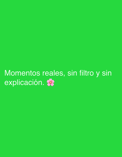 A green background features the phrase "Momentos reales, sin filtro y sin explicación" in white font. A pink flower emoji is at the end of the phrase. The overall image is simple, with a solid background and concise text.