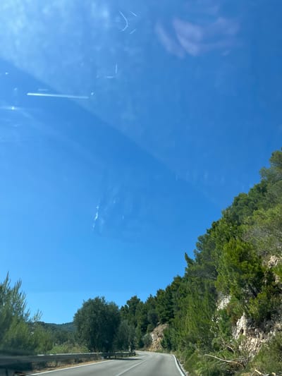 The image depicts a scenic drive on a curved road through a lush, green landscape under a clear blue sky. The road appears to be a paved two-lane highway with a guardrail on the right side. On the right side of the road, a dense forest of evergreen trees, predominantly pine trees, covers a rocky hillside that rises steeply. Some of the trees are quite tall, reaching towards the sky, while others are shorter and shrub-like. On the left side of the road, the landscape is also green and hilly, with scattered trees and vegetation. In the distance, rolling hills are visible, covered in similar greenery. The sky is a vibrant, cloudless blue, with a slight glare visible in the upper left corner, suggesting the photo was taken from inside a vehicle. The overall impression is one of natural beauty and a tranquil journey. This scene is consistent with the coastal roads found in and around Mattinata, Italy, a town known for its scenic beauty and location within the Gargano National Park, which features dense pine forests and rugged coastlines.