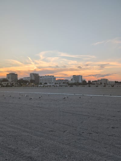 The image depicts a wide, gravelly beach in Constanța, Romania, at sunset. The sky is painted with hues of orange, yellow, and pale blue from the setting sun, with wispy clouds scattered across it. In the background, a cityscape of modern buildings, some under construction and others completed, lines the horizon. These structures are white or light-colored and vary in height, creating a somewhat dense urban backdrop.
In the foreground, the beach is largely empty except for a scattering of seagulls standing on the gravel. The ground appears to be a mixture of fine gravel and sand, with some visible footprints suggesting recent activity. The overall scene is tranquil, capturing a moment of natural beauty juxtaposed with urban development.