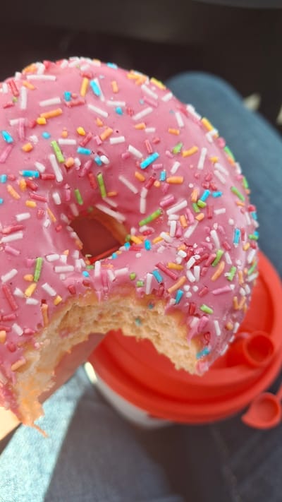 A close-up shot captures a partially eaten donut, prominently displaying its pink icing adorned with a generous scattering of colorful sprinkles. The sprinkles include shades of white, light blue, orange, yellow, green, red, and various pinks. A significant bite has been taken from the right side of the donut, revealing the soft, light brown texture of its bready interior.
In the blurred background, a bright red lid of a travel mug or cup is visible, with a small section of its white base showing below. Hints of dark and blue fabric, possibly denim from clothing or a car seat, can also be discerned. The lighting is bright and natural, suggesting the photograph was taken during the daytime. The overall impression is that of a casual snack, possibly consumed on the go. There is no visible text in the image. The scene is situated in Яльгелево, Russia.