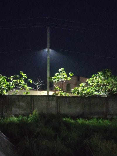 The image depicts a nighttime scene in Dangir, Uzbekistan, illuminated by a single streetlamp. The streetlamp is positioned on a tall, grey pole in the center of the frame, casting a bright pool of light upwards and downwards. In the foreground, a low, grey concrete wall runs horizontally across the image, partially obscuring the view beyond. Green foliage, appearing as bushes and small trees, grows behind the wall and is lit by the streetlamp, with some branches extending above the wall. Further back, a building with an arched window or doorway is visible, its facade illuminated by the ambient light. The sky above is a deep, dark blue, characteristic of nighttime, with faint horizontal lines that could be power lines. The ground in front of the wall is covered in dense, dark green grass, appearing slightly illuminated. A portion of a dark, paved surface, possibly a road or pathway, is visible in the lower left corner of the image. There are no people or animals visible in the frame.