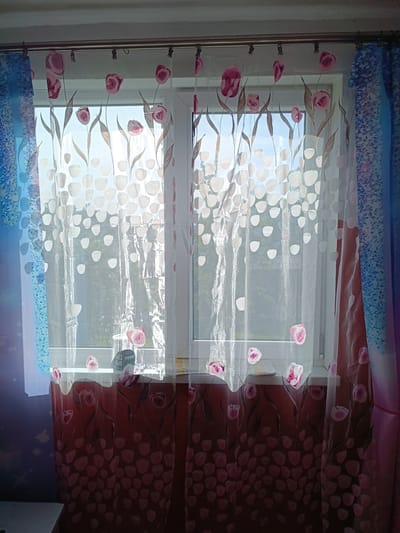The image depicts a window with curtains. The window is partially covered by sheer white curtains adorned with a pattern of pink tulips and light-colored, oval shapes. To the left and right of these curtains are thicker, patterned curtains in shades of blue and pink. The window looks out onto a scene with trees and buildings visible, suggesting an outdoor environment. The interior of the room is dimly lit, with sunlight filtering through the curtains. There are no people visible in the image. The location is identified as Tebras, Latvia.
