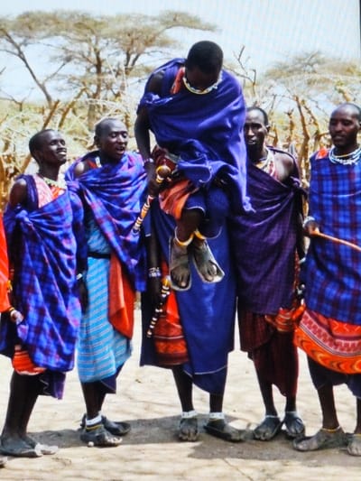 Five adult males are depicted standing and performing outdoors in a dry, open environment within the city of Dodoma, Tanzania. The central figure, positioned mid-frame, is captured airborne, executing a high vertical jump. He is dressed in a dark blue fabric wrap over an orange and red patterned lower garment and wears dark sandals along with beaded necklaces and anklets. To his immediate left, a male figure wearing a blue plaid fabric wrap over a light blue and white striped lower garment looks upwards, his mouth slightly ajar. To the far left, another male figure in a blue plaid fabric wrap with a red lower garment also looks upwards. To the right of the jumping figure, two additional male figures stand. One is clad in a deep purple fabric wrap over a dark red lower garment. The other, on the far right, wears a blue plaid fabric wrap over an orange and red patterned lower section and holds a slender wooden stick in his right hand. All individuals wear sandals and various beaded ornaments, including necklaces, bracelets, and anklets. The ground consists of light-colored, dry earth. In the background, sparse trees with light-colored bark and branches are visible under a bright, hazy sky.