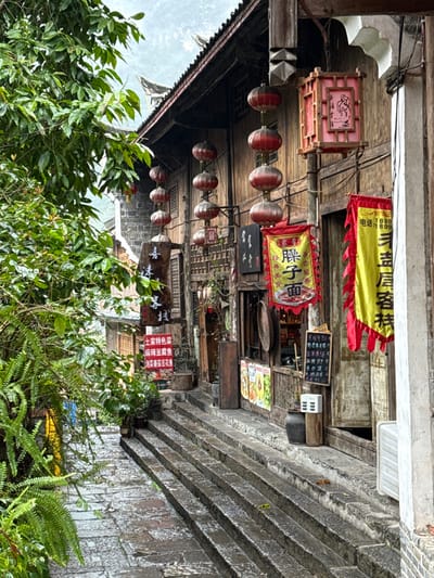The image displays a traditional street scene in Gongtan, China, under an overcast sky, with evidence of recent rain. The foreground features a wet, uneven flagstone path on the left, bordered by lush green foliage including ferns and leafy branches. This path ascends towards a series of five weathered, dark grey stone steps leading to the right.

Along the right side of the frame, a row of multi-story wooden buildings with traditional dark tiled roofs dominates. These structures are constructed from dark, weathered wooden planks. Numerous red Chinese lanterns hang vertically from the building facades; two strings of six round lanterns are visible, alongside a prominent rectangular red lantern adorned with a graphic.

Multiple storefronts are apparent. A large, dark wooden sign with vertical Chinese characters ("喜妹") hangs from one building. Below it, several smaller white signs with red borders list menu items such as "土家特色菜" (Tujia specialty dishes), "麻辣豆腐鱼" (spicy tofu fish), and "清炖乌鱼" (stewed black fish). Brightly colored banners, predominantly yellow with red borders and Chinese characters, hang from the storefronts. One banner clearly indicates "面" (noodle) and another includes a phone number (e.g., "电话 1899...").

A small blackboard menu with handwritten Chinese characters is positioned near an open doorway. Other objects on the ground level include a dark ceramic pot, a wooden stump, and a white air conditioning unit partially visible on the far right building. No individuals are visible in the scene.