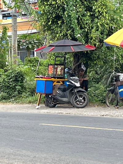 In the city of Sengkol, Indonesia, a street food vendor is operating their business on the side of a road. The vendor, an individual wearing a dark cap and olive-green shirt, sits on the ground under a large tree, next to a scooter. The scooter is attached to a food cart that displays a variety of fresh fruits and vegetables, including what appear to be tomatoes, cucumbers, and carrots. The cart is covered by a black and red umbrella. To the right of the food cart, another scooter is parked, also appearing to be used for business. The scene is bordered by lush green foliage and vegetation, with a paved road in the foreground.