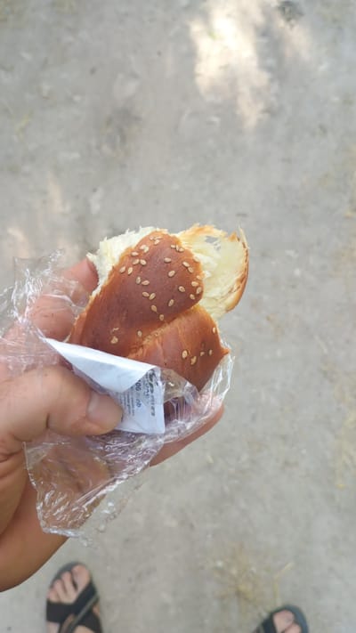 The image shows a person holding a half-eaten bread roll, likely a "colac," which is a traditional Romanian and Moldovan bread. The bread is covered in sesame seeds and is wrapped in clear plastic. A small white packet is visible inside the plastic wrap, partially obscuring the bread. The packet appears to have some text printed on it, but it is mostly illegible in the image.
The background of the image suggests an outdoor setting with a light-colored, possibly gravel or dirt ground. Shadows are cast on the ground, indicating it is daytime, likely sunny. The presence of sandals on a person's feet in the bottom right corner of the image further confirms an outdoor, possibly warm, setting. The scene appears to be casual, and the focus is on the bread roll being held. There are no strong emotional cues conveyed in the image, it is a straightforward depiction of someone holding a food item. Given the location context of Mitoc, Moldova, the bread roll is likely a common local food item.