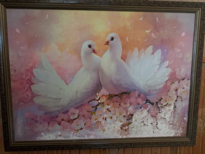 This is a framed painting of two white doves perched on a branch of blooming pink cherry blossoms. The background is a soft gradient of pink and orange, with scattered petals floating in the air. The painting is hung on a brick wall in the city of Otradny, Russia. The frame is ornate and dark colored. The image shows some signs of wear and tear on the painting itself, with white patches obscuring parts of the blossom and branches.