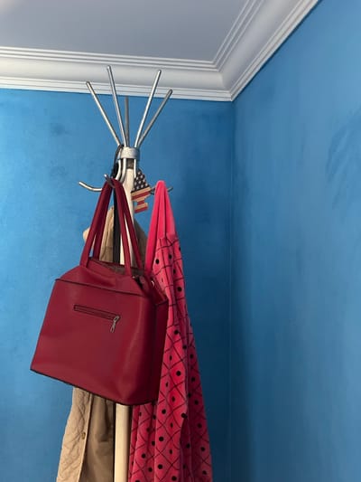 This image depicts a close-up view of a coat rack with various items hanging on it, set against a vibrant blue wall and white crown molding. The coat rack itself appears to be made of metal with multiple hooks. Hanging from one of the hooks is a red handbag, which has a zippered compartment on its visible side. Next to the handbag, a tan quilted jacket is draped. Further to the right, a pink garment with a black polka dot pattern is also hanging. A small American flag, cut in the shape of the United States, is attached to the coat rack. The lighting suggests an indoor setting, likely a home or an entryway, with the focus on the hanging items. The scene is devoid of any people or animals. There is no information in the image to indicate a location in the city of Pivniceni, Moldova; the description of this location is external to the image content.