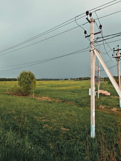 The image depicts a rural scene near Курово, Russia. A large, grassy field, speckled with yellow wildflowers, stretches into the distance under a cloudy, gray sky. In the foreground, two concrete utility poles stand vertically, interconnected by numerous electrical wires and insulators. One pole is supported by a diagonal brace. A transformer is mounted on one of the poles. A cluster of vegetation, including a round bush and a slender tree, is located in the middle ground. The ground is covered with green grass and weeds. In the background, a line of trees and low-lying buildings can be seen. The overall impression is a sparsely populated countryside.